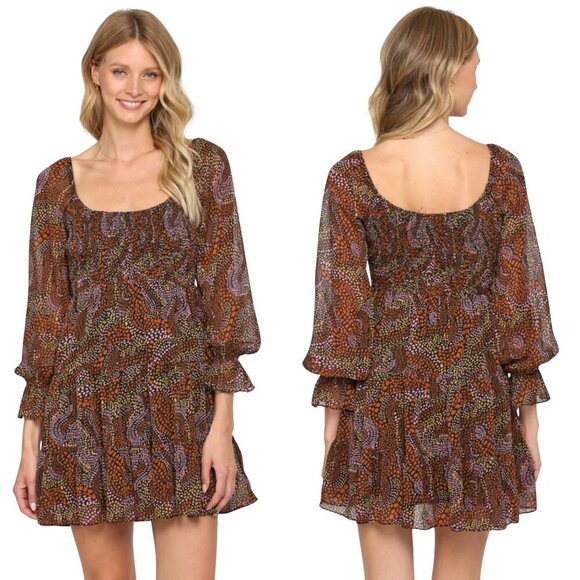 Womens Meritt Abstract Print Smocked Long Sleeve Mini Dress - Size Small - NWT - Picture 1 of 8